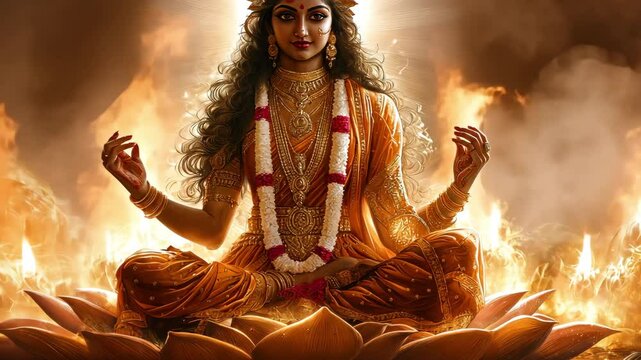 depicts the Hindu goddess Laxmi, who is a symbol of riches and success, sitting on a lotus with a heavenly feel.