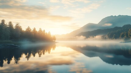 3D render of a sleek futuristic landscape with towering cliffs and calm water, combined with a modern minimal background and sunrise lighting