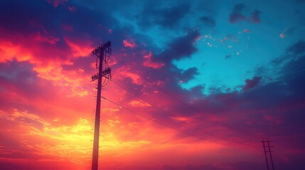 Obraz premium Vibrant sunset sky, power lines, landscape, colorful clouds