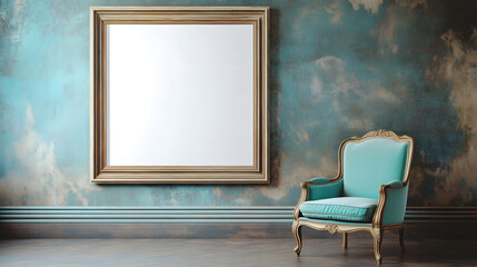 blank white poster frame is hanging on the wall of an empty living room