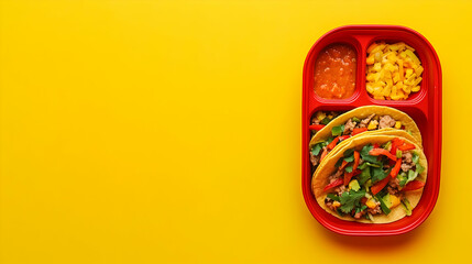 A partially visible red bento box with mini tacos and salsa against a bright yellow background.
