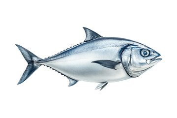 Fototapeta premium Closeup of a silver tuna fish with smooth scales, sharp fins and a sleek body isolated on white transparent background.
