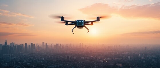 Drone flying over city during sunset with futuristic manned passenger drone in the skyline