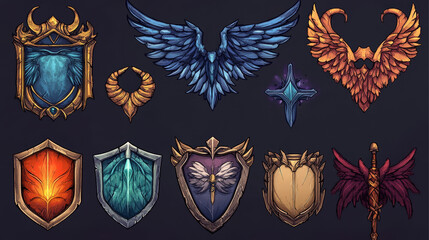Game avatar frames, level ui icons, wooden shields or banners animal shapes with wings and horns. Isolated 2d graphic elements, reward, trophy achievement and prize for rpg design, Cartoon vector set