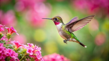 Fototapeta premium Hummingbird hovering over vibrant pink flower in lush garden, hummingbird, flower, garden, vibrant, pink, lush, nature