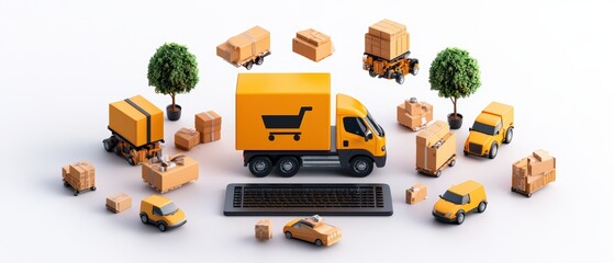 Yellow truck surrounded by boxes and a keyboard representing cross border e commerce and shipping logistics