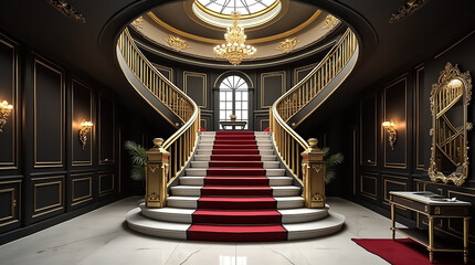 Obraz premium A grand staircase spirals upwards in a beautifully designed lobby with lavish decorations, showcasing gold accents and plush red carpet.