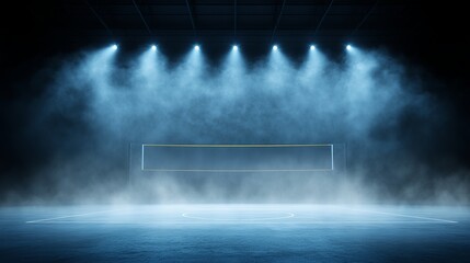 An empty volleyball court shrouded in mist, illuminated by dramatic blue lighting, creating an intense and dynamic atmosphere.