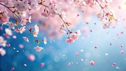 Fototapeta premium Cherry blossom petals gently falling from the sky , cherry blossom, petals, falling, above, spring, pink, delicate, nature