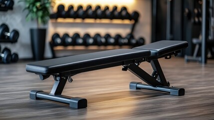 Fototapeta premium A black adjustable weight bench sits in a modern gym. Dumbbells are in the background, suggesting a workout environment. The bench is clean and well-maintained