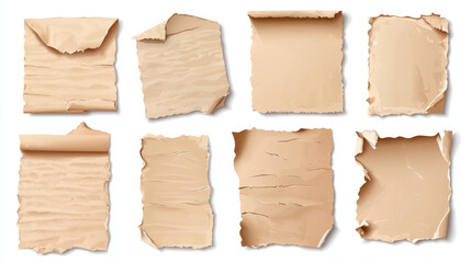 Pieces and fragments of torn paper. Realistic vector illustration set of broken and cut small sheets of notepad or cardboard for collage or scrapbook. Notebook pages and scraps with ragged borders.