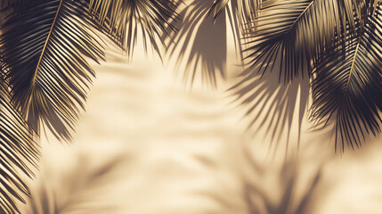 Obraz premium Tropical palm leaf shadows on golden sand, creating a serene and warm beach ambiance for summer or vacation themes.