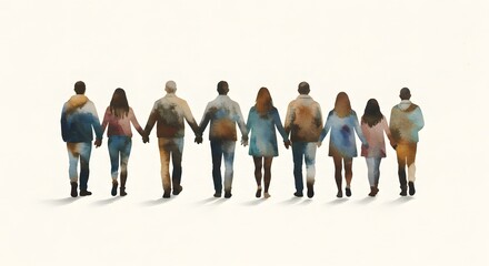 Illustration of diverse group of people holding hands. Unity, community, and mutual support. The essence of teamwork, cooperation, and the concept of helping each other in a multicultural society.