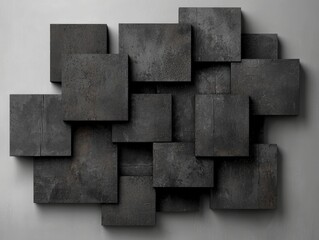 Abstract arrangement of dark geometric shapes on gray wall creating a modern art installation aesthetic