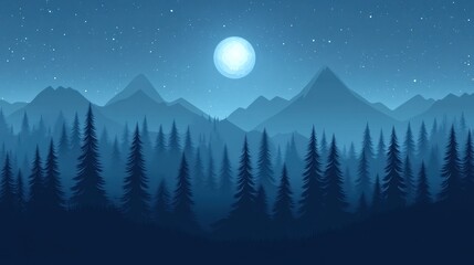 serene nighttime landscape showcasing a tranquil forest silhouette against a starry sky, with a glowing full moon illuminating the mountains
