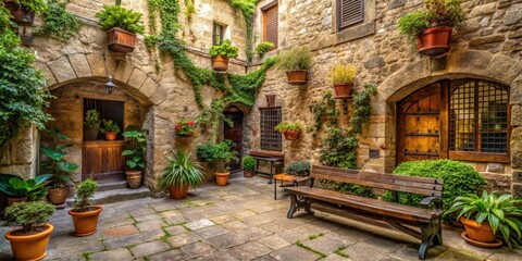 Fototapeta premium Rustic courtyard with stone walls, wooden benches, and hanging plants, courtyard, rustic