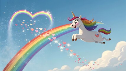 Obraz premium Magical unicorn soaring through sky with rainbow and hearts