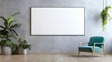 blank white poster frame is hanging on the wall of an empty living room