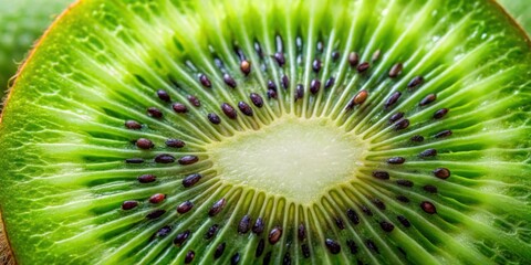 Close up of a juicy green kiwi fruit with visible black seeds ,  kiwi, fruit, green, vibrant, close up, fresh, healthy