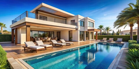 Fototapeta premium Luxurious villa with a small pool and sun loungers underneath a clear blue sky, luxury, vacation, relaxation, poolside