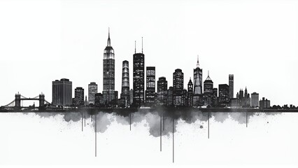 Obraz premium A striking black and white illustration of a city skyline, featuring iconic skyscrapers and a bridge. The reflection in the water adds depth and symmetry, creating a visually captivating urban scene.