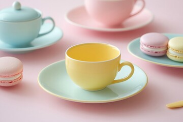 Delicate porcelain teacup beside colorful French macarons styling elegant pastel-toned surface