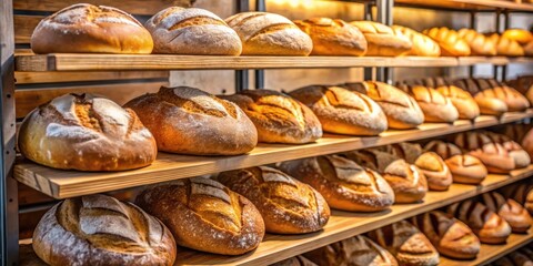 Freshly baked bread loaves on display at a bakery ,  bread, freshly baked, bakery, display, food, artisan, crusty