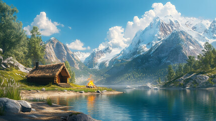 Panoramic summer landscape with wooden hut and campfire on shore of lake near rocky mountains. Cartoon vector illustration of wood cottage near water pond for camping and outdoor recreation.