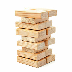 Wooden blocks tower game, white background, leisure activity