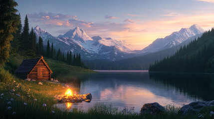 Panoramic summer landscape with wooden hut and campfire on shore of lake near rocky mountains. Cartoon vector illustration of wood cottage near water pond for camping and outdoor recreation.