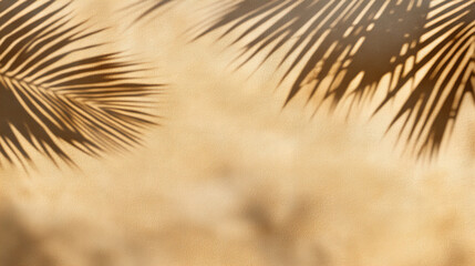 Obraz premium Tropical palm leaf shadows on golden sand, creating a serene and warm beach ambiance for summer or vacation themes.