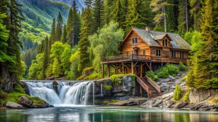 Fototapeta premium Scenic view of a rustic fishing lodge at Waterfall Resort in Alaska , Alaska, Waterfall Resort, scenic view, lodge