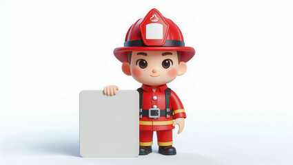 Firefighter character illustration for kids - holding a blank sign in studio