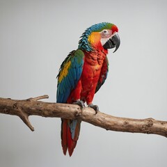 Fototapeta premium A vibrant macaw perched on a branch, displaying its colorful plumage against a pure white background.