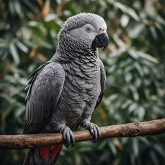 Obraz premium A majestic African grey parrot with detailed feathers and intelligent eyes, sitting on an invisible perch.