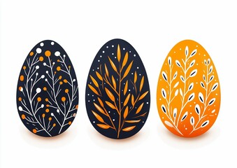 Fototapeta premium 3 Easter eggs with abstract floral pattern of black, white and yellow. Modern minimalist style. Contemporary Easter illustration.