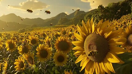 Fototapeta premium A vast field of vibrant sunflowers with a swarm of bees buzzing around the flowers