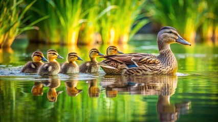 Mama duck guiding her ducklings through peaceful pond ,  duck family, water, nature, wildlife, adorable, cute