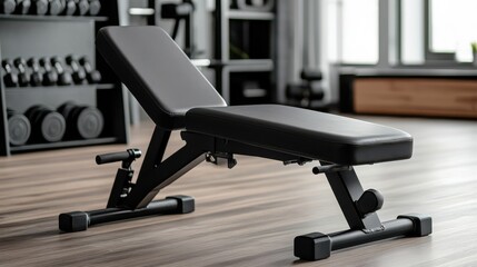 A black adjustable weight bench sits in a modern gym. Dumbbells are in the background, suggesting a workout environment. The bench is clean and well-maintained