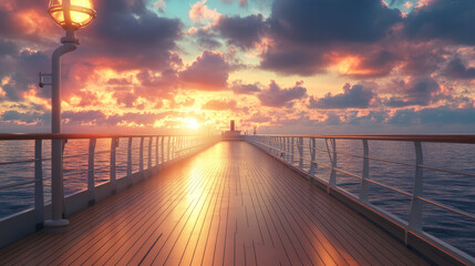Fototapeta premium Cruise liner deck or quay on dusk seascape view, empty ship with baluster and wooden floor. Sunset scenery background on luxury sailboat in sea or ocean. Passenger vessel, Cartoon vector illustration
