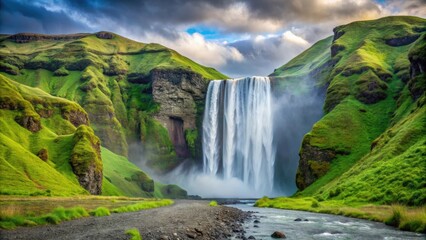 Fototapeta premium Majestic Skogafoss waterfall in Iceland with powerful cascade and lush green surroundings, Skogafoss, waterfall, Iceland