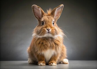 Obraz premium Adorable Fluffy Brown Bunny with White Patch, Long Exposure Grey Background Stock Photo