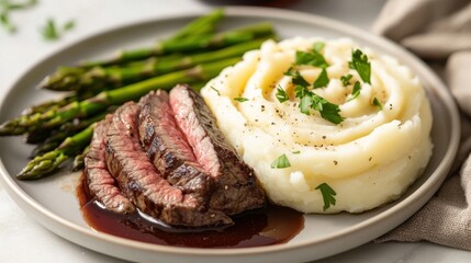 A gourmet plate featuring mashed potatoes piped into elegant swirls, served with grilled steak, asparagus, and a drizzle of red wine reduction sauce. -