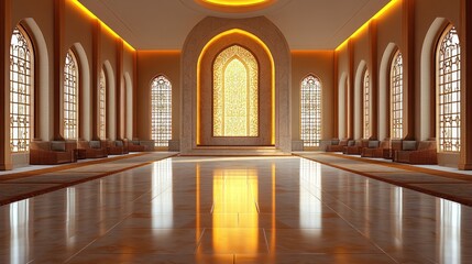 Elegant interior of a serene hall with arched windows and glowing ambiance, reflecting tranquility