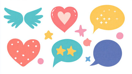 Fototapeta premium Retro futuristic speech bubbles set isolated on white background. Vector illustration of retrowave futuristic art window, oval borders with pixel style heart, star, wings signs, y2k design elements