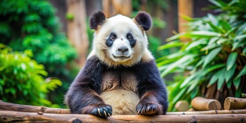 Obraz premium Adorable panda bear sitting in zoo enclosure , panda, bear, cute, adorable, sitting, zoo, enclosure, furry, black and white