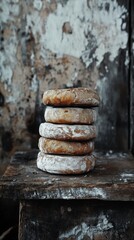 Freshly baked round pastries stacked on a rustic wooden table. Their textured surfaces showcase an artisanal craft. Perfect for food photography. Generative AI