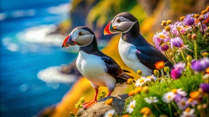 Naklejka premium Adorable Icelandic Puffin Couple Amidst Blooming Flowers on Latrabjarg Cliffs