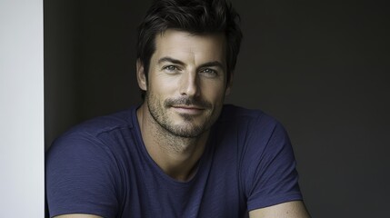 Naklejka premium Young man smiling warmly, soft light enhancing his cheerful expression, minimal background.