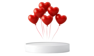 There are red heart-shaped balloons on the white circular display platform